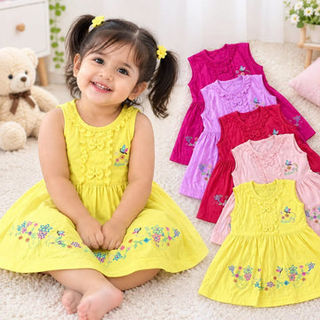 Cheerful collection of sleeveless cotton baby girl frocks.